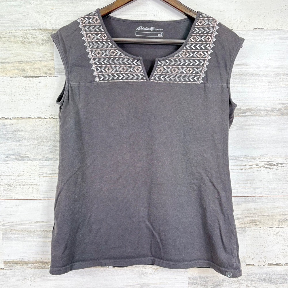 Eddie Bauer Women's Sleeveless Top Gray Embroidered Details‎ Medium
